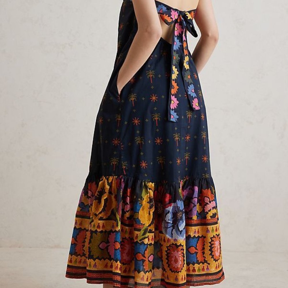 Farm Rio Anthropologie L NWT Embroidered Maxi Dress Black Embroidery 260$ Large - Picture 11 of 13
